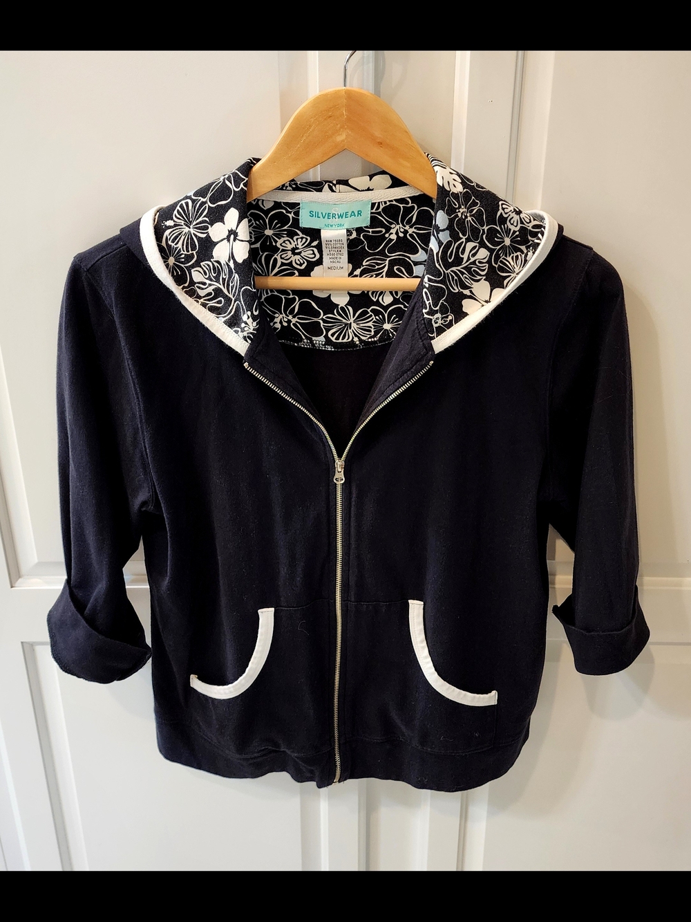 Silverwear Black Zip-Front Hoodie with Floral Lined Collar